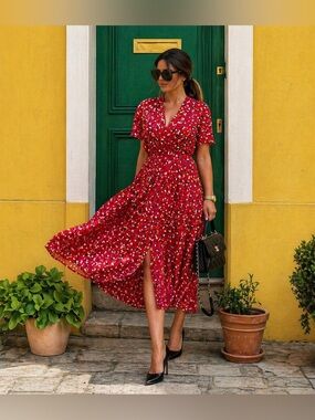 ❤️A New Day Red Floral Maxi Dress XS 2 Boho Romantic Flutter Sleeve Summer Dress